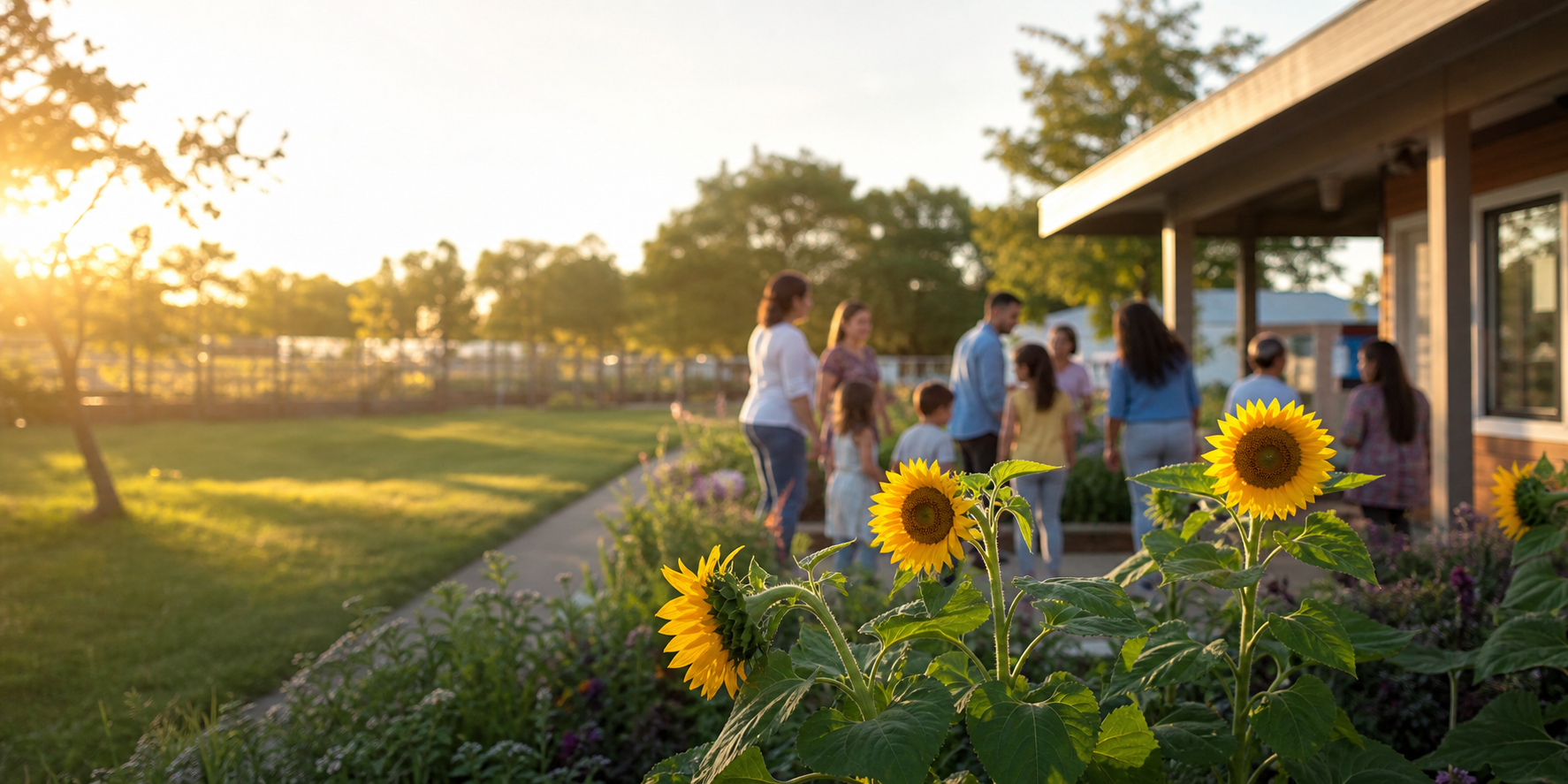 Sunflowers outside a welcoming family support setting